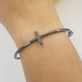 0.10 Carat (ctw) Black Rhodium Plated Sterling Silver Round Cut Black Diamond Ladies Sideways Cross Bangle Bracelet 1/10 CT