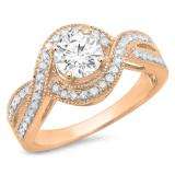 1.15 Carat (ctw) 10K Rose Gold Round Cut Diamond Ladies Twisted Swirl Split Shank Bridal Halo Engagement Ring