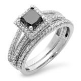 1.35 Carat (ctw) 10K White Gold Princess Cut Black & Round White Diamond Ladies Split Shank Halo Style Bridal Engagement Ring With Matching Band Set