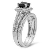 1.35 Carat (ctw) 10K White Gold Princess Cut Black & Round White Diamond Ladies Split Shank Halo Style Bridal Engagement Ring With Matching Band Set