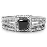1.35 Carat (ctw) 10K White Gold Princess Cut Black & Round White Diamond Ladies Split Shank Halo Style Bridal Engagement Ring With Matching Band Set