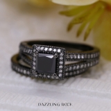 1.35 Carat (ctw) Black Rhodium Plated 14K White Gold Princess Cut Black & Round White Diamond Ladies Split Shank Halo Style Bridal Engagement Ring With Matching Band Set
