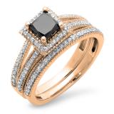 1.35 Carat (ctw) 14K Rose Gold Princess Cut Black & Round White Diamond Ladies Split Shank Halo Style Bridal Engagement Ring With Matching Band Set