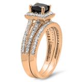 1.35 Carat (ctw) 14K Rose Gold Princess Cut Black & Round White Diamond Ladies Split Shank Halo Style Bridal Engagement Ring With Matching Band Set