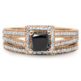 1.35 Carat (ctw) 14K Rose Gold Princess Cut Black & Round White Diamond Ladies Split Shank Halo Style Bridal Engagement Ring With Matching Band Set