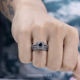1.35 Carat (ctw) Black Rhodium Plated 18K White Gold Princess Cut Black & Round White Diamond Ladies Split Shank Halo Style Bridal Engagement Ring With Matching Band Set