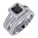 1.35 Carat (ctw) 14K White Gold Princess Cut Black Cubic Zirconia & Round White Diamond Ladies Split Shank Halo Style Bridal Engagement Ring With Matching Band Set
