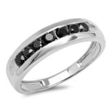 0.95 Carat (ctw) Sterling Silver Real Round Cut Black Diamond Men's Channel Set 7 Stone Anniversary Wedding Band 1 CT