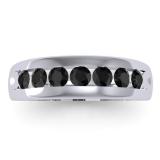 0.95 Carat (ctw) Sterling Silver Real Round Cut Black Diamond Men's Channel Set 7 Stone Anniversary Wedding Band 1 CT