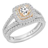 1.00 Carat (ctw) Two Tone Rose Gold Plated 14K White Gold Round Cut Diamond Ladies Bridal Split Shank Halo Engagement Ring With Matching Band Set 1 CT