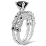 1.40 Carat (ctw) 10K White Gold Round Cut Black & White Diamond Ladies Bridal Vintage Engagement Ring With Matching Band Set
