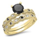 1.40 Carat (ctw) 10K Yellow Gold Round Cut Black & White Diamond Ladies Bridal Vintage Engagement Ring With Matching Band Set