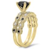 1.40 Carat (ctw) 10K Yellow Gold Round Cut Black & White Diamond Ladies Bridal Vintage Engagement Ring With Matching Band Set