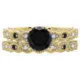 1.40 Carat (ctw) 10K Yellow Gold Round Cut Black & White Diamond Ladies Bridal Vintage Engagement Ring With Matching Band Set
