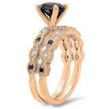 1.40 Carat (ctw) 14K Rose Gold Round Cut Black & White Diamond Ladies Bridal Vintage Engagement Ring With Matching Band Set