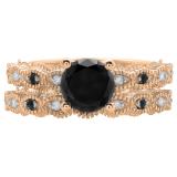 1.40 Carat (ctw) 14K Rose Gold Round Cut Black & White Diamond Ladies Bridal Vintage Engagement Ring With Matching Band Set