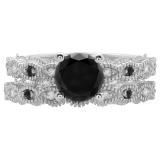 1.40 Carat (ctw) 14K White Gold Round Cut Black & White Diamond Ladies Bridal Vintage Engagement Ring With Matching Band Set