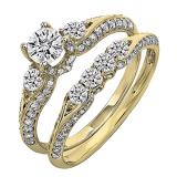1.45 Carat (ctw) 10K Yellow Gold Round Diamond Ladies 3 Stone Bridal Engagement Ring Set With Matching Band 1 1/2 CT