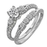 1.45 Carat (ctw) 14K White Gold Round Diamond Ladies 3 Stone Bridal Engagement Ring Set With Matching Band 1 1/2 CT