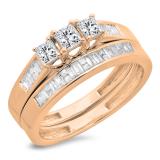 0.90 Carat (ctw) 14K Rose Gold Princess & Baguette Cut Diamond Ladies Bridal 3 Stone Engagement Ring With Matching Band Set