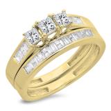 0.90 Carat (ctw) 14K Yellow Gold Princess & Baguette Cut Diamond Ladies Bridal 3 Stone Engagement Ring With Matching Band Set