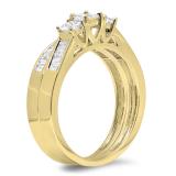 0.90 Carat (ctw) 14K Yellow Gold Princess & Baguette Cut Diamond Ladies Bridal 3 Stone Engagement Ring With Matching Band Set