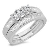 0.90 Carat (ctw) 18K White Gold Princess & Baguette Cut Diamond Ladies Bridal 3 Stone Engagement Ring With Matching Band Set