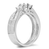 0.90 Carat (ctw) 18K White Gold Princess & Baguette Cut Diamond Ladies Bridal 3 Stone Engagement Ring With Matching Band Set