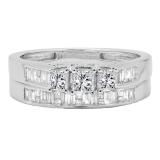 0.90 Carat (ctw) 18K White Gold Princess & Baguette Cut Diamond Ladies Bridal 3 Stone Engagement Ring With Matching Band Set