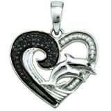 0.20 Carat (ctw) Sterling Silver Round Cut Black & White Diamond Ladies Dolphins Heart Pendant 1/5 CT