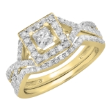 1.00 Carat (ctw) 10K Yellow Gold Princess & Round Cut Diamond Ladies Twisted Split Shank Bridal Halo Engagement Ring With Matching Band Set 1 CT
