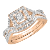 1.00 Carat (ctw) 14K Rose Gold Princess & Round Cut Diamond Ladies Twisted Split Shank Bridal Halo Engagement Ring With Matching Band Set 1 CT