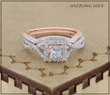 1.00 Carat (ctw) 14K Rose Gold Princess & Round Cut Diamond Ladies Twisted Split Shank Bridal Halo Engagement Ring With Matching Band Set 1 CT