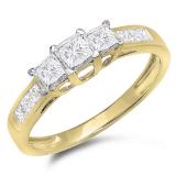 1.00 Carat (ctw) 14K Yellow Gold Princess Cut Diamond Ladies 3 Stone Bridal Engagement Ring 1 CT