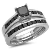 2.35 Carat (ctw) 10K White Gold Princess Cut Black Diamond Ladies Bridal Engagement Ring With Matching Band Set