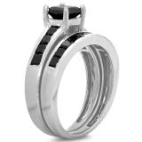 2.35 Carat (ctw) 10K White Gold Princess Cut Black Diamond Ladies Bridal Engagement Ring With Matching Band Set