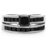 2.35 Carat (ctw) 10K White Gold Princess Cut Black Diamond Ladies Bridal Engagement Ring With Matching Band Set