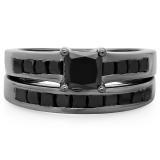 2.35 Carat (ctw) Black Rhodium Plated Sterling Silver Princess Cut Black Diamond Ladies Bridal Engagement Ring With Matching Band Set