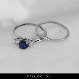 1.15 Carat (ctw) 14K White Gold Round Cut Blue Sapphire & White Diamond Ladies Bridal 3 Stone Engagement Ring With Matching Wedding Band Set