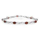 5.00 Carat (ctw) Sterling Silver Real Oval Cut Genuine Garnet & Round White Diamond Ladies Link Bracelet