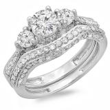 1.75 Carat (ctw) 14K White Gold Round White Diamond Ladies Vintage 3 Stone Bridal Engagement Ring Set 1 3/4 CT