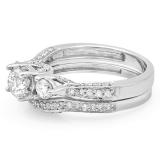 1.75 Carat (ctw) 14K White Gold Round White Diamond Ladies Vintage 3 Stone Bridal Engagement Ring Set 1 3/4 CT