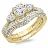1.75 Carat (ctw) 14K Yellow Gold Round White Diamond Ladies Vintage 3 Stone Bridal Engagement Ring Set 1 3/4 CT