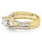 1.75 Carat (ctw) 14K Yellow Gold Round White Diamond Ladies Vintage 3 Stone Bridal Engagement Ring Set 1 3/4 CT
