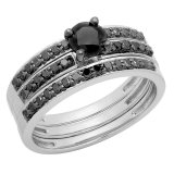 1.00 Carat (ctw) Sterling Silver Round Cut Black Diamond Ladies Bridal Engagement Ring With Two Wedding Bands Set 1 CT