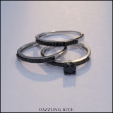 1.00 Carat (ctw) Sterling Silver Round Cut Black Diamond Ladies Bridal Engagement Ring With Two Wedding Bands Set 1 CT