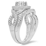 1.00 Carat (ctw) 14K White Gold Round Cut Diamond Ladies Swirl Bridal Halo Engagement Ring With Matching Band Set 1 CT