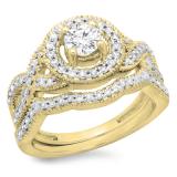 1.00 Carat (ctw) 14K Yellow Gold Round Cut Diamond Ladies Swirl Bridal Halo Engagement Ring With Matching Band Set 1 CT