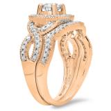 1.00 Carat (ctw) 18K Rose Gold Round Cut Diamond Ladies Swirl Bridal Halo Engagement Ring With Matching Band Set 1 CT