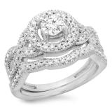 1.00 Carat (ctw) 18K White Gold Round Cut Diamond Ladies Swirl Bridal Halo Engagement Ring With Matching Band Set 1 CT